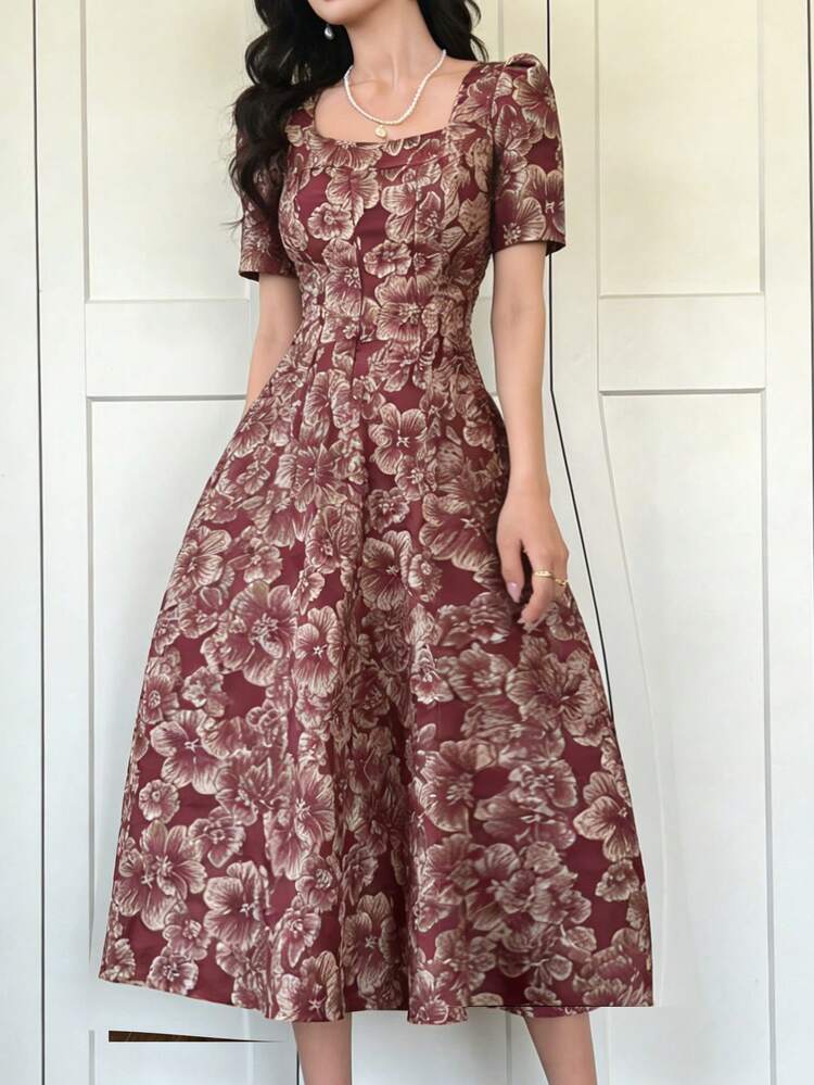 Women's Jacquard Pleated Elegant Waist Cinched Long Party Dress Sundress Summer
