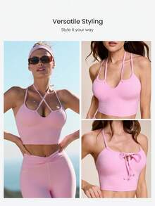 GLOWMODE FeatherFit™ Love To Move Buttery-Soft Stretchy Sweat-Wicking Removable Cups Strappy Tank Top Low Impact Yoga Pilates Studio Daily Wear - Pink - View 2