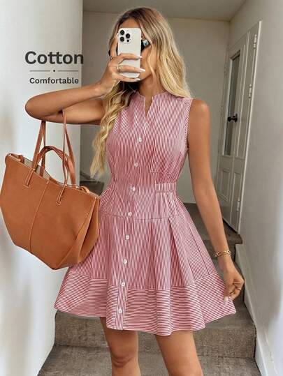 Easowa Mandarin Collar Button Front Elastic Waist Pleated A-Line Sleeveless Casual Vacation Elegant Midi Dress, Cotton Striped Fabric