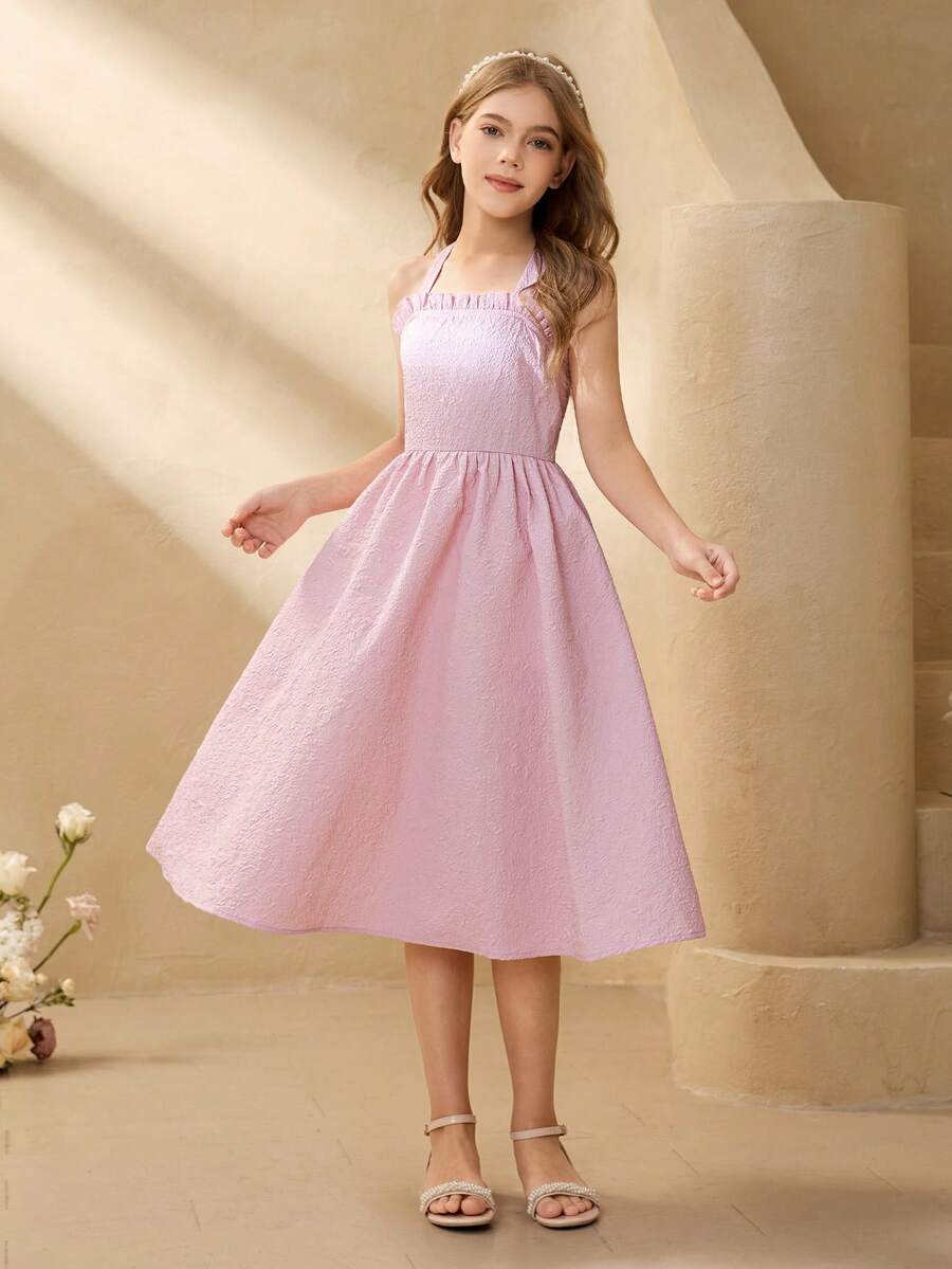 Tween Girl Jacquard Design Frill Trim Elegant Camisole Dress - Pink - View 1