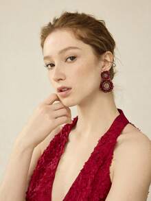 MOTF PREMIUM PRE HANDMADE RED DIAMOND DOUBLE RING EARRINGS - Red - View 7