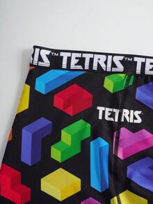 Tetris™ X SHEIN 男士平角内裤，数码立方体字母印花，弹性腰带，1条装 - 黑色 - 查看 6