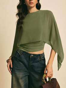 Poéselle 女士纯色圆领短款不对称下摆时尚简约衬衫 - 軍綠色 - 查看 3