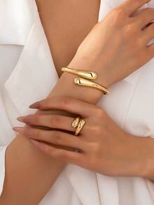 Lumivelle 2pcs Teardrop Shaped Bracelet And Open Ring Set - Gold - View 7