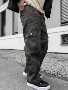 Artur Kramer Jeans anchos de camuflaje con múltiples bolsillos y efecto desgastado, de corte holgado y casual para hombre - Verde militar - Ver 5