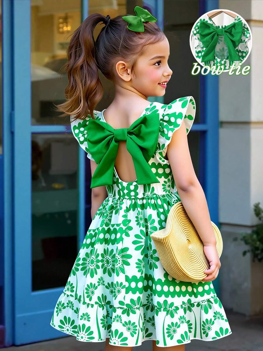 SHEIN Elladie kids 女童春夏新款休闲时尚连衣裙，绿色花卉数码印花图案，圆领无袖荷叶袖，露背镂空设计，绿色3D蝴蝶结装饰，腰部褶皱荷叶边下摆，适合可爱、舒适、优雅的小女孩日常穿着，也适合上学、外出、度假、派对等场合。绿色花卉女童连衣裙，女童复活节连衣裙，女童绿色套装，女童蝴蝶结连衣裙，女童绿色蝴蝶结，女童度假套装，女童夏季连衣裙，优雅派对连衣裙，夏季套装。 - 綠色 - 查看 1