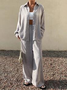 Livesso Women's Striped Tie-Front Backless Blouse And Casual Pants 2 Pieces Set, Suitable For Holiday, Spring And Summer - Coffee Brown - View 3