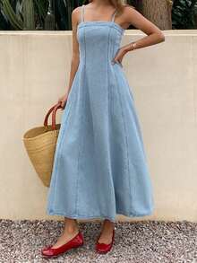 DAZY Đầm denim hai dây mùa hè dành cho nữ, kiểu dáng nghỉ mát. - Rửa trung bình - Xem 4