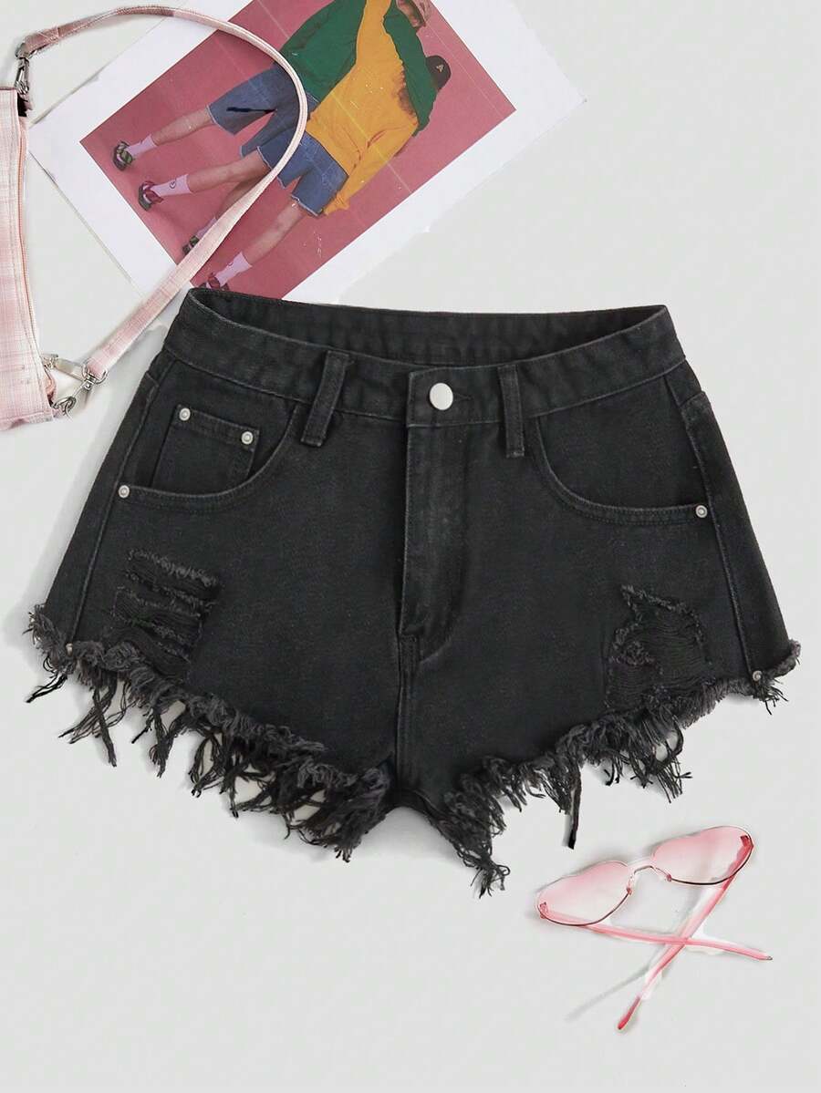 SHEIN Tall Women's Casual Distressed Frayed Hem Denim Shorts - Black - View 1