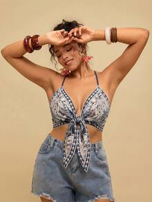 Travachic Áo hai dây cỡ lớn dành cho nữ, in họa tiết hoa, thiết kế xoắn, xếp ly, thích hợp cho các buổi hẹn hò và đi chơi. - Nhiều màu - Xem 7