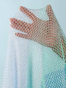 Swim SXY 女士彩色渐变高开衩长流苏网纱系带性感和服罩衫泳衣，适合春、夏、秋季海滩度假 - 藍色 - 查看 7