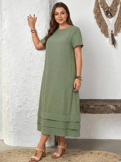 Rosumi 大码纯色短袖休闲度假连衣裙春季女士度假服装乡村鼠尾草绿色