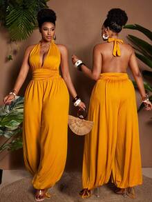 Maweii Mono de verano con cuello halter, cintura fruncida y amarres en los tobillos en color amarillo mostaza para mujer talla grande. Elegante para primavera, vacaciones y salidas de fiesta. - Amarillo - Ver 6