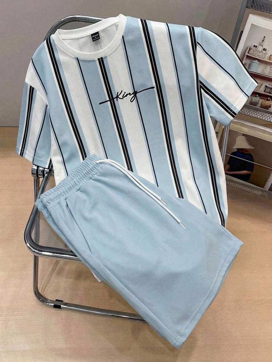 Manfinity Joysei 男士简约条纹图案T恤套装，两件套男士服装，夏季 - 藍色 - 查看 1