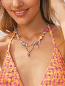 Swim Mod Conjunto de joyería de 1 pieza collar + 1 pieza pulsera, collar con cuentas de lazo y estrella de colores caramelo y pulsera con flor, joyería suave y linda para uso diario de mujeres, regalo para San Valentín, Mamá, Madre, Día de la Madre - Multicolor - Ver 7