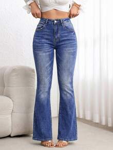 EMERY ROSE Jeans de pierna acampanada con bolsillos y botones, de uso casual y versátil para uso diario - Azul - Ver 3
