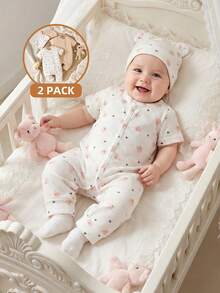 SHEIN 4 Stücke Neugeborenen Unisex Outfit, Sommer Baby Bär Herz Muster + einfarbiger Romper und Mütze mit Bärenohren Set - Verschiedenfarbig - Übersicht 2