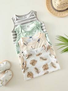 SHEIN Bộ 4 món áo liền quần không tay dệt kim họa tiết cây dừa và sọc dễ thương cho bé sơ sinh trai/gái, chủ đề kỳ nghỉ hè. - Nhiều màu - Xem 5