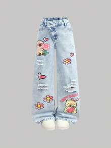 SHEIN Jeans de mezclilla con estampado de dibujos animados de capibara asimétrico con botones en la cintura, lavado claro, estilo casual para niña preadolescente, moda linda y dulce para uso diario, escuela, fines de semana, temporada de regreso a clases, vacaciones. Pantalones cargo rectos de mezclilla lavada de ajuste relajado y bolsillos múltiples, color azul claro, para primavera, verano, regreso a clases, homecoming, vacaciones de verano, primavera, playa, vacaciones, Día de San Valentín, graduación. - Lavado ligero - Ver 3