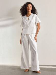 Ocili 女士荷叶边短袖上衣和裤子睡衣套装 - 白色 - 查看 4