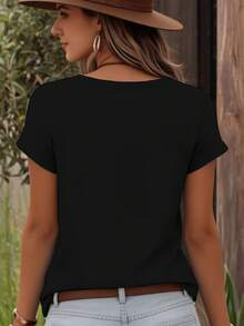 EMERY ROSE 大码女式豹纹爱心图案简约印花圆领短袖时尚女式T恤 - 黑色 - 查看 2