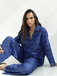 KSTM Women's Eyelet Embroidered V-Neck Long Sleeve Top And Wide Leg Palazzo Pants Schiffli Co-Ord Set Summer Casual Two Piece Outfit - Blue - View 1