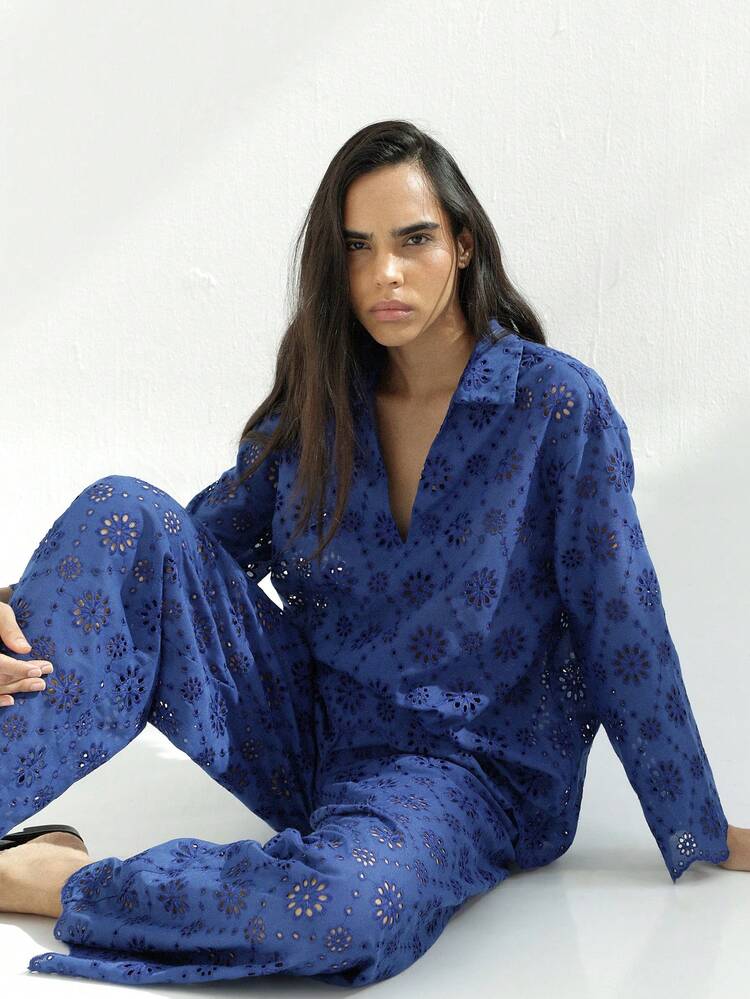 KSTM Women's Eyelet Embroidered V-Neck Long Sleeve Top And Wide Leg Palazzo Pants Schiffli Co-Ord Set Summer Casual Two Piece Outfit