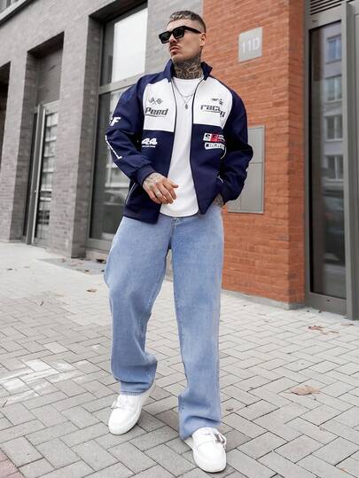 Artur Kramer 男士撞色拉链字母印花休闲长袖户外风衣夹克外套，外出字母长袖赛车夹克，适合朋友、丈夫、男朋友的礼物，适合秋季