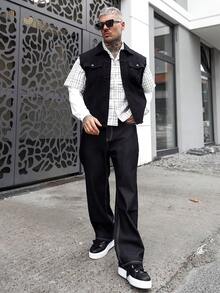 Artur Kramer Men's Single-Breasted Frayed Casual Denim Vest Jacket Boyfriend & Husband Business Casual Regular Washed Black For Slim Fit College Mens Grunge Clothes - Black - View 1