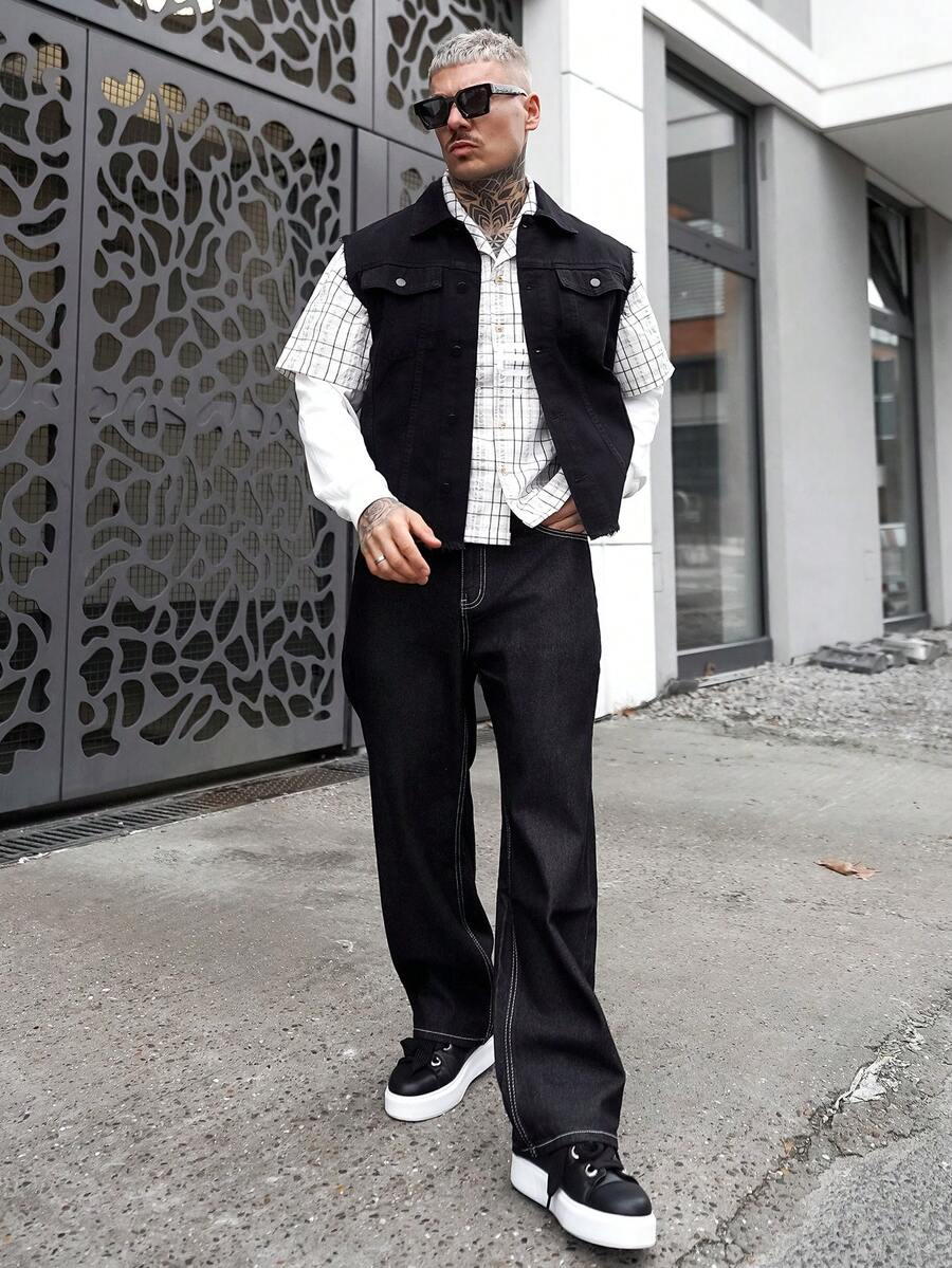 Artur Kramer Men's Single-Breasted Frayed Casual Denim Vest Jacket Boyfriend & Husband Business Casual Regular Washed Black For Slim Fit College Mens Grunge Clothes - Black - View 1