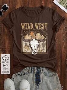 INAWLY Women's Cotton Wild West Cow Print Graphic Casual Round Neck Short Sleeve T-Shirt Top - Coffee Brown - View 1