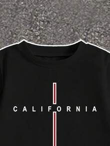SHEIN Coolqubz 2件套男童竖条纹加州图案印花圆领短袖T恤和工装裤套装，适合节日、派对、春夏穿着，休闲舒适，是夏季穿着的理想之选，时尚街头风，适合户外野餐、街头摄影、校园、假期，也是馈赠佳品。 - 彩色 - 查看 6