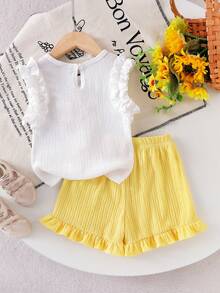 SHEIN Genkimix Kids Toddler Girl Summer Clothes,2pcs Knitted Jacquard Ivory Ruffle Trim Camisole Top And Yellow Sunflower Shorts Set,Cute Adorable Baby Kids Outfit - Yellow - View 2