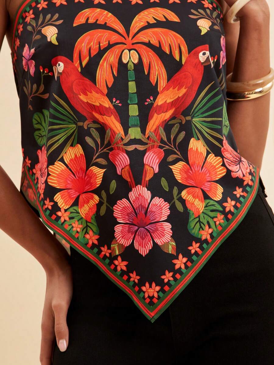 Travachic Camiseta sin tirantes asimétrica con estampado tropical casual de vacaciones para mujer - Multicolor - Ver 1