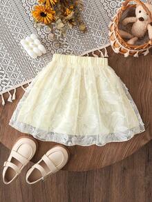 SHEIN Elladie kids 少女甜美优雅刺绣亮片3D立体花卉网纱A字公主裙，日常优雅可爱度假派对百搭之选 - 杏色 - 查看 2