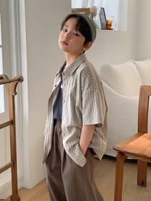 Dazy Kids Tween Boy Casual Striped Short Sleeve Shirt, Summer - Khaki - View 8