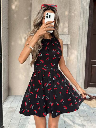 Pariaura 樱桃印花系带露背无袖连衣裙（女款）