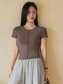 DAZY 女士夏季圆领短袖修身休闲优雅套头T恤 - 棕色 - 查看 6
