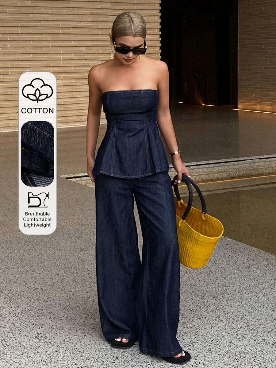 DAZY Conjunto casual de verano con top de corpiño con bajo en línea A y jeans rectos holgados - Azul lavado oscuro - Ver 1