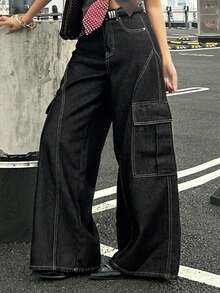DAZY Women's Low Waist Seam Split Design Decorative Pockets Casual Straight Leg Jeans - Black - View 6