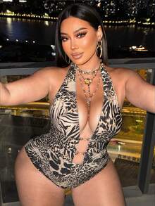 Swim SXY 2026 New Plus Size Halter Neck One-Piece Swimsuit, Sexy Deep V-Neck Backless Leopard Print, Fashion Party Beach Holiday - Brown - View 3