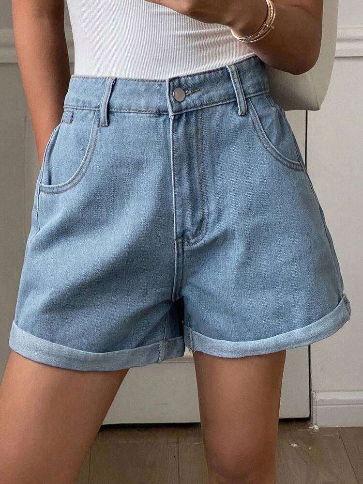Plain Pocket Casual Loose Denim Shorts, Suitable For Summer Jorts