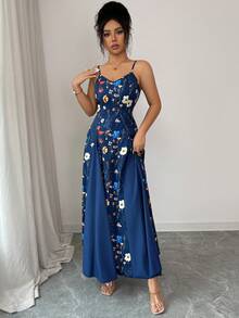 SHEIN PETITE 女士休闲V领印花拼接修身长裙 - 彩色 - 查看 4