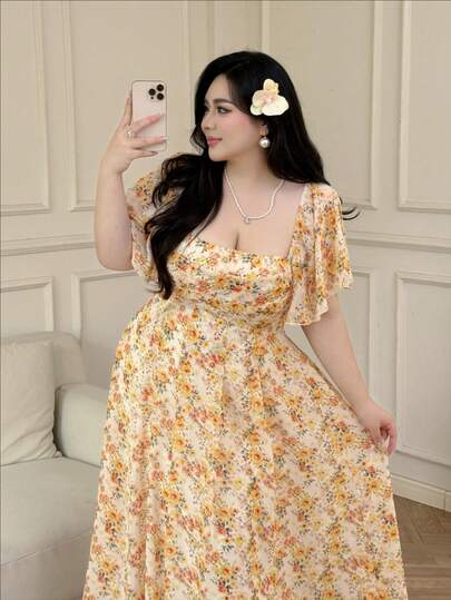 Vibekara 法式复古印花宽松摆裙，优雅夏季度假连衣裙