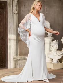 SHEIN 优雅纯色蕾丝拼接美人鱼孕妇装 - 白色 - 查看 8