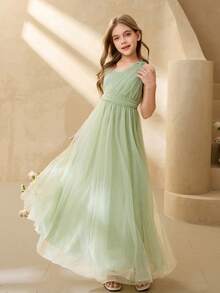 Elegant Flowing Mesh One Shoulder Twist Waist Flared Dress, Suitable For Weddings, Galas, Birthdays, Parties, All Seasons - Green - View 1
