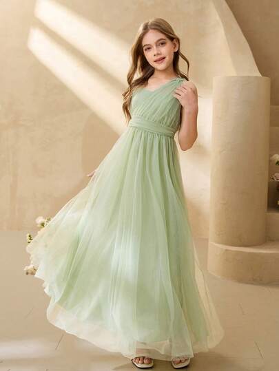 Elegant Flowing Mesh One Shoulder Twist Waist Flared Dress, Suitable For Weddings, Galas, Birthdays, Parties, All Seasons
