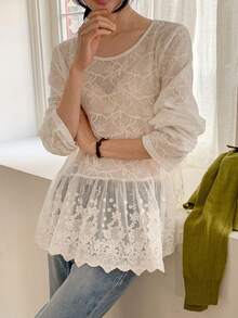 DAZY Women's Lace Ruffle Trim Long Sleeve Blouse - White - View 5