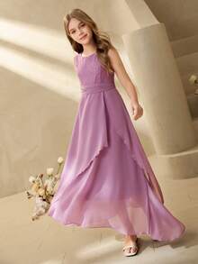 Elegant Purple Lace Chiffon Dress For Tween GirlsSuitable For Evening Party, Christmas, Prom, Wedding, Graduation And Other Occasions - Purple - View 7