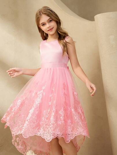 Tween Girl Luxurious Elegant Pink Satin & Mesh Bow Short Sleeveless Fitted Dress, Suitable For Evening Party, Christmas, Halloween, Wedding, Flower Girl, Prom, Graduation, Back To School And Other Occasions